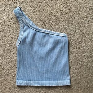 One-Shoulder Blue Ribbed Women's Top